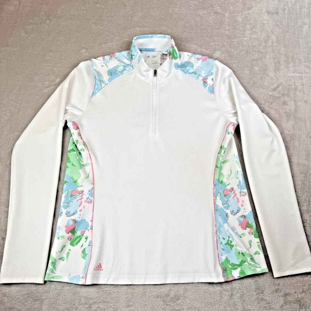Adidas Shirt Womens L White Floral Print 1/4 Zip Mock Neck Golf Pullover Top